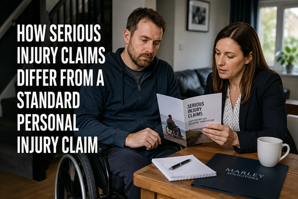 Serious injury claimant in a wheelchair discussing their case with a solicitor at home.
