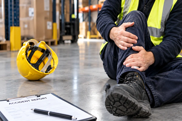 Injured worker completing an accident report in a warehouse.